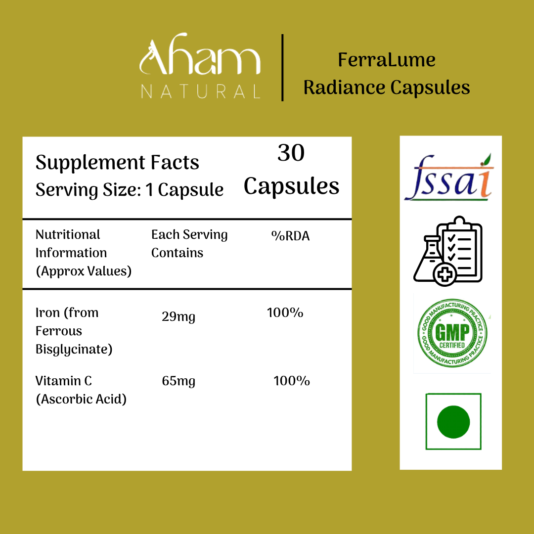 Aham Natural - FerraLume Radiance Capsules(Ferrous Bisglycinate 29mg + Vitaminc C 65mg)
